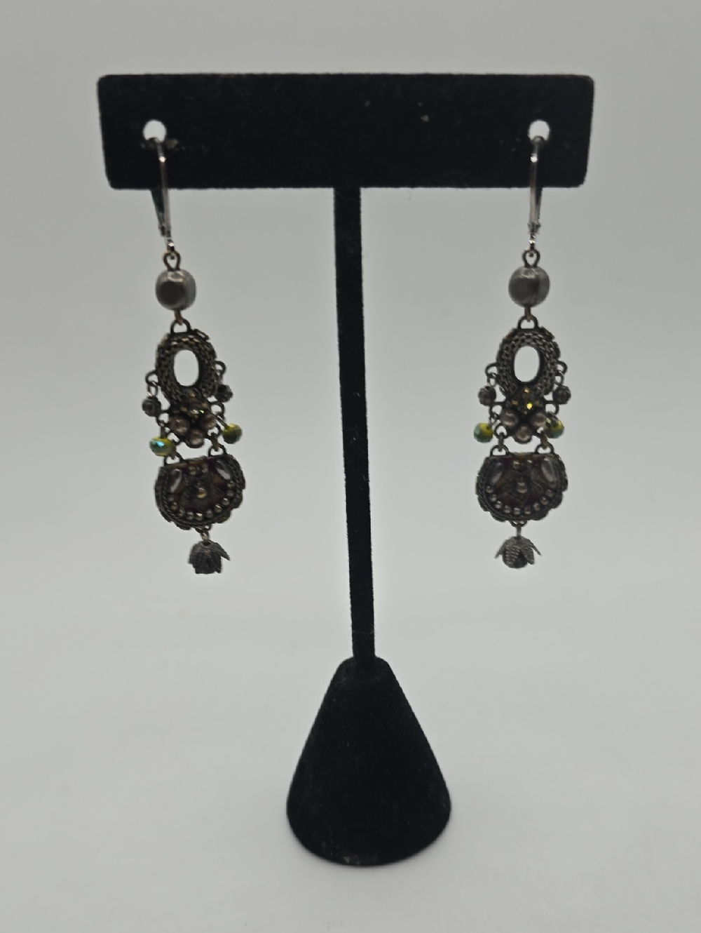 Ayala Bar Vintage-Inspired Silver Dangle Earrings with Green Accent Beads